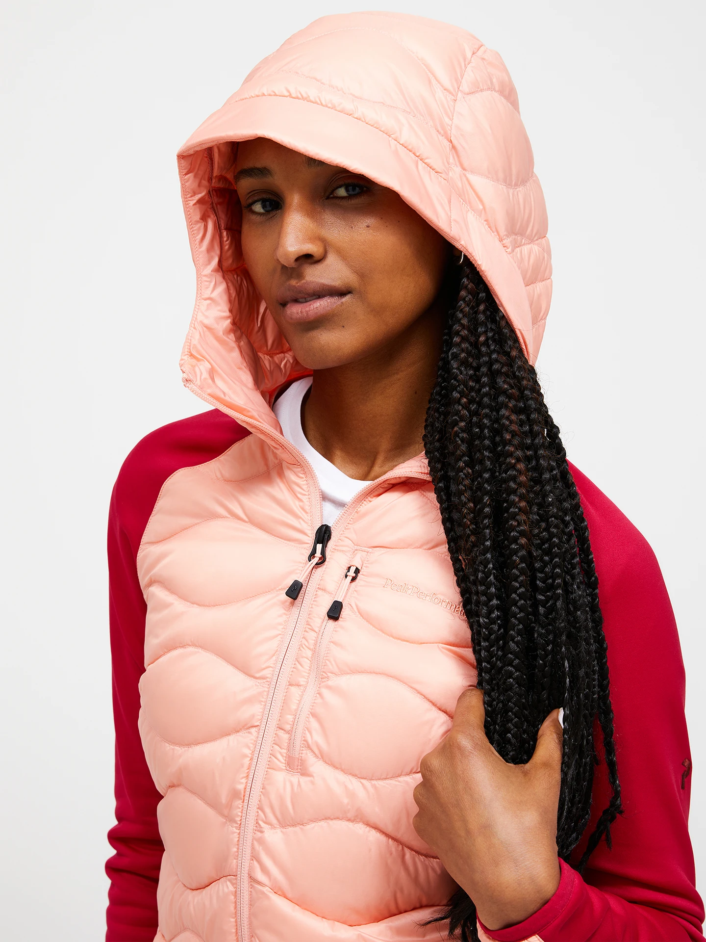 HELIUM HYBRID DOWN HOOD JACKET WOMEN RED POMPEIAN (5DM) / WARM BLUSH (5BH)